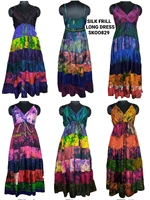Robe longue bohème en soie tie-dye avec patchwork et volants, taille empire, col en V, en tissu satiné respirant et écologique, idéale pour l'été