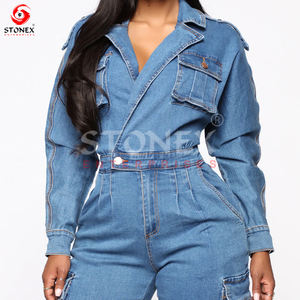 2023 New Fashion Custom Wholesale Washable V-collar <b>Women</b> Denim <b>Romper</b> Suits Denim Jumpsuits With Pockets - Product Image 4