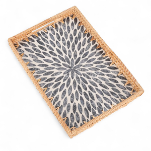 Natural Material Serving Tray with <b>Rattan</b> Frame and Mother of Pearl Surface for Home <b>Dining</b> <b>Tables</b> - Product Image 1