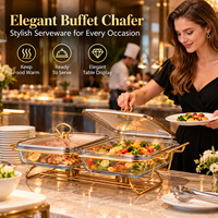 Plat de service en verre 4,5 L avec cadre en acier inoxydable doré, chauffe-plat à alcool pour buffet, idéal pour hôtels, restaurants et traiteurs (vente en gros)