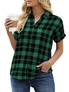 Blusa de manga corta informal para mujer de primavera y verano, camisa con botones de solapa, camisa de manga corta con estampado a cuadros para mujer - Product Image 3