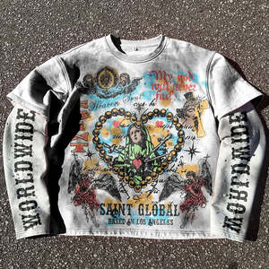 Venta al por mayor Hip Hop ácido lavado camiseta piedra de gran tamaño Unisex manga larga estampado gráfico pesado algodón lavado piedra impreso camisas - Product Image 2