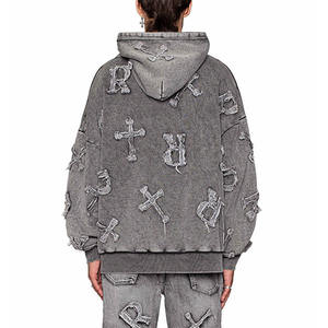 Vente chaude nouvelle conception de broderie en détresse Vintage lavé goutte épaule unisexe pull à capuche - Product Image 6