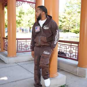 Custom Sun Faded Distress Acid Wash All Over Print Rhinestone Recortada Sudadera con capucha y pantalones de chándal acampanados Conjunto Chándal Trajes de sudor Hombres - Product Image 2