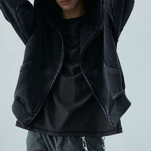 Veste à capuche délavée style court personnalisée 350GSM 100% coton éponge française lavage à l'acide fermeture éclair brodée écologique hommes - Product Image 4