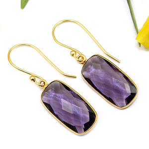 Femmes Style bleu topaze pierre précieuse Hydro Quartz coussin forme 18k plaqué or lunette boucle d'oreille Lite poids laiton bijoux en gros - Product Image 3