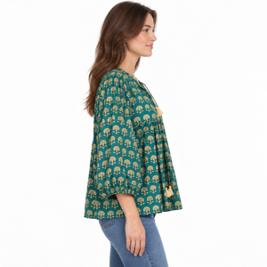 Blusa india con estampado de bloques, diseño floral bohemio, transpirable, cuello en V, manga abullonada, botones, top corto de algodón puro para otoño/verano - Product Image 3