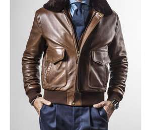 <b>Mens</b> <b>Aviator</b> Flying Leather <b>Jacket</b> Detachable <b>Shearling</b> Fur Collar Bomber Flight Vintage Fashion Genuine Leather <b>Jacket</b> Coat OEM - Product Image 2