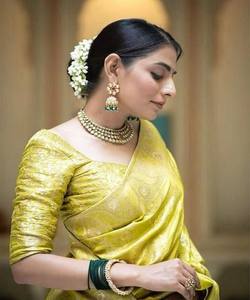 Sari de Jacquard de Seda Lichi Atractivo con Blusa Sin Coser, Ropa Moderna para Fiestas Festivas, Precio al por Mayor, Prenda Étnica, Color Limón - Product Image 3