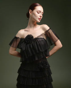 Vestido Negro de Tul con Volantes, Dulce para la Fiesta, Mini Vestido con Volantes en Capas y Detalles Florales en 3D que Capturan Todos los Ojos - Product Image 3