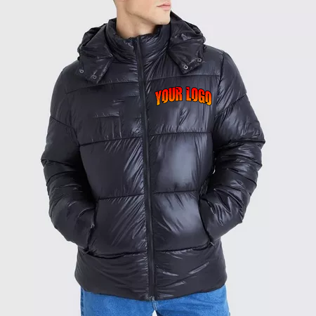 Oem Puffer Jacket For Men Black Waterproof Windproof Quilted Outerwear For Cold Weather Cheap Bubble Coat With Removable Hood