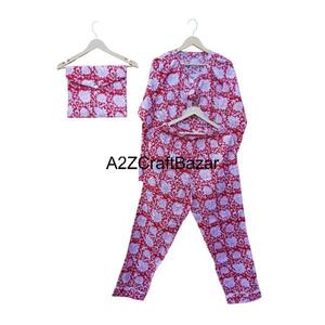 Conjunto de Pijama de Algodón 100% para Mujer, Estampado Floral, Cuello Redondo, Tejido de Punto, Cierre con Cordón, Mangas Cortas, Primavera - Product Image 4