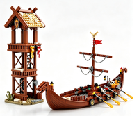 Set de Bloques de Construcción de Barco de Guerra con Torre de Vigilancia y Dragón, Barco Pirata Nórdico Medieval, Juguete Educativo
