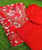 Ensemble élégant pour femme en coton georgette rouge, comprenant un short, un pantalon et un dupatta imprimé, avec boutons décoratifs, anti-plis, Hari Om
