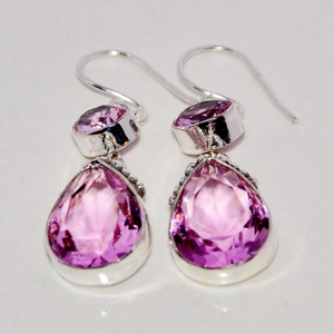 Pendientes con forma de pera de piedras preciosas de cuarzo rosa, Plata de Ley 925 hecha a mano, plata antigua étnica, regalo de estilo cristiano a la moda, esposas - Product Image 1
