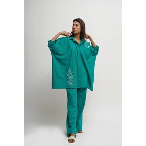 Ensemble coordonné pour femme, style gothique, floral, paisley, vert, coton, chemise brodée surdimensionnée, pantalon droit, vêtements décontractés pour se détendre - Product Image 1