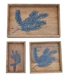 Plateau de service en bois imprimé feuilles bleues, plateau en bois fait à la main avec poignées, plateau de service à dessert empilable, disponible pour les restaurants - Product Image 5
