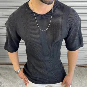 T-shirt en jersey tricoté à col rond et manches courtes pour homme, couleur unie, polyester/coton, respirant, pour un usage quotidien décontracté au printemps - Product Image 6