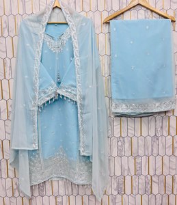 DESIGNER WEAR SEQUENCE BRODERIE SUR FOX GEORGETTE TISSU TOP ET PLAZZO AVEC DUPATTA - Product Image 4