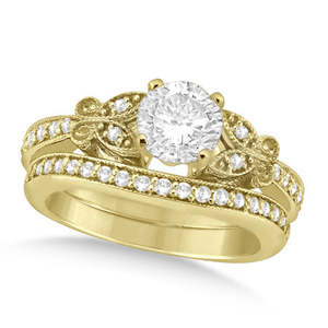 Ensemble de bijoux en or jaune 18 carats, diamant rond, design papillon, bague de mariée (0,76 ct) - Product Image 5