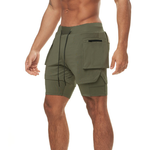 High Elasticity Breathable Solid Color Zipper Pocket 2 in 1 Gym Cargo Shorts for Men - Product Image 4
