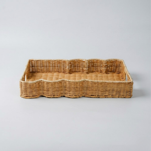 Natural Rattan Scalloped Rectangular Serving Trays Handmade Wicker <b>Basket</b> Set Organizer For Tabletop Kitchen Wholesale - Product Image 1