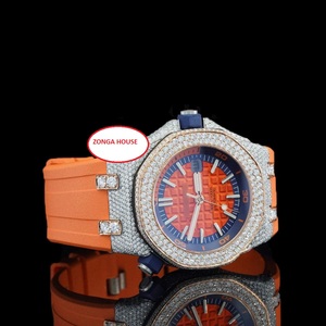 Dynamique Unisexe Moissanite Diamant Montre-Bracelet Amélioré VVS Clarté Dernier Bracelet En Caoutchouc Orange 22mm Largeur De Bande Cadran En Verre Fenêtre - Product Image 2