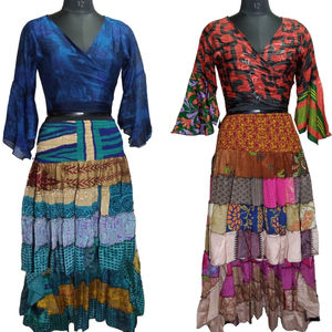 Conjunto de Falda y Top de Seda con Volantes Estilo Sari Vintage, Transpirable, con Estampado Floral y Bordado, Falda Recta Larga hasta el Suelo, Estilo Bohemio - Product Image 1