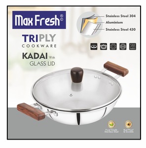 Maxfresh Premium Triply Kadai Set avec couvercle en verre durable et poignée en bois Design moderne Matériau métallique - Product Image 2