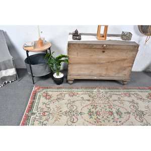 Tapis Turc Classique Vintage Beige Vert 3.6 X 6.8ft Laine Faite à la Main avec Support en Latex Motif Patchwork Rectangulaire pour Chevet - Product Image 2