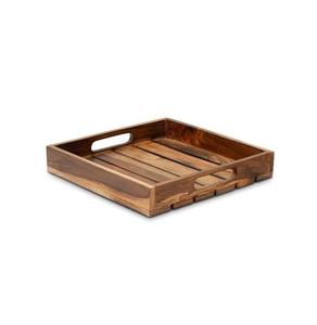 Bandeja de madera ahuecada hecha a mano bandeja para servir desayuno con asas Plato decorativo de madera para Cocina - Product Image 1