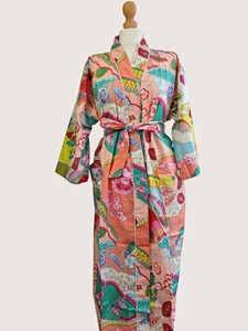 Bata Larga Estampada Floral para Mujer, Manga Larga, Cuello en V, 100% Poliéster, Suave, Informal, para Primavera, con Cierre de Cordón - Product Image 1