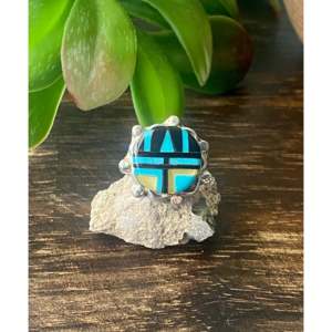 Zuni Handcrafted Turquoise & Agate Sterling Silver Inlay <b>Ring</b> Size 6.5 <b>for</b> <b>Men</b> - Product Image 1