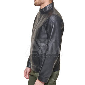 Veste en cuir véritable pour homme, automne-hiver, avec col montant et logo frontal, haute qualité, respirante et écologique, personnalisable - Product Image 4