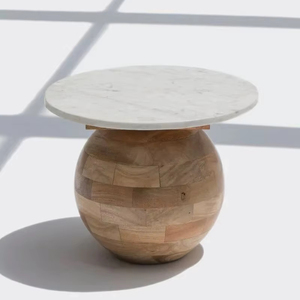 Mesa Auxiliar Redonda de Mármol con Base de Madera de Mango Maciza, Estilo Clásico de Lujo, Mesa de Noche para Dormitorio y Comedor - Product Image 1