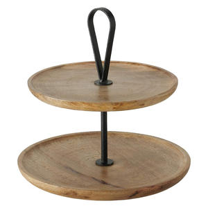 Plateau rond en bois écologique à 2 niveaux Support décoratif pour gâteau Décoration de luxe Plateau de table en bois de manguier naturel avec poignée en métal - Product Image 1