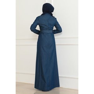 Vestido Casual de Mezclilla Azul Oscuro con Detalle de Perlas-6138 - Product Image 4