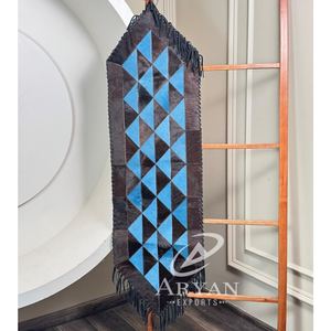 Customized Wholesale Luxury Handcrafted Cowhide <b>Table</b> <b>Runner</b> with Leather Tassels Geometric Triangle Patchwork Rustic Home Decor - Product Image 1