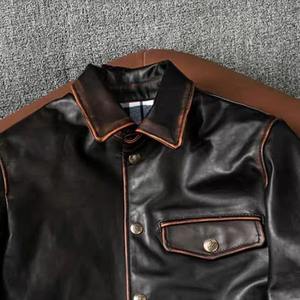 Nouvelle couche supérieure thé noyau cheval cuir répartiteur veste classique rétro hommes en cuir revers bouton vers le bas veste moto veste - Product Image 6