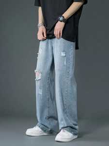 Jeans déchirés élégants pour hommes, pantalon en denim coupe ample et abîmé, tenue streetwear décontractée, parfaite pour l'été de tous les jours - Product Image 3