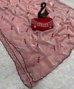 BLUE LUXURY LICHI SILK JACQUARD WORK COTTON SAREE WITH UNSTITCHED BLOUSE PARTY WEAR WHOLE SALE PRICE ETHNIC GARMENT - Product Image 6