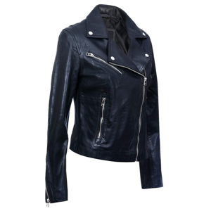 แจ็กเก็ตหนังแท้สำหรับผู้หญิงคุณภาพสูงวัสดุหนังแกะหรูหราดีไซน์คลาสสิก Moto พร้อมคอตั้งและทรงสลิมฟิตทันสมัย - Product Image 3