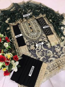 Women Dress in Black Color with Green <b>Scarf</b> Hot Selling Pakistan and Indian Ladies Suit Autumn Wear - Product Image 6