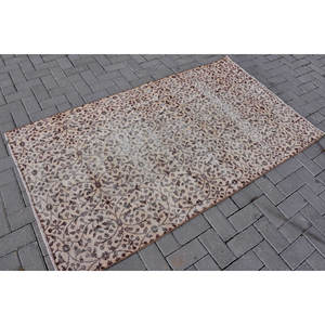 Tapis Vintage en Laine Turque Beige et Marron Motif Floral Traditionnel 3.7X6.4 ft Patchwork Design avec Support en Latex - Product Image 2