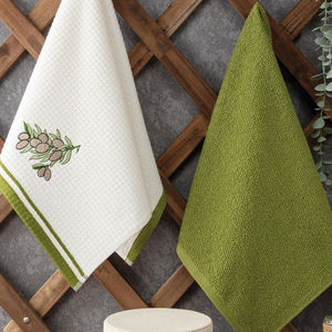 Green Olive Embroidery Kitchen <b>Towel</b> Set of 2 (40*60cm) Double Sided Terry And Pique Mix Soft And Absorbent 420GSM - Product Image 1