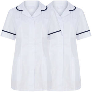 Venta al por mayor personalizado mujeres Hospital uniforme enfermería Scrubs Tops cuello vuelto con tubería blanca cuidado de la salud enfermera túnica superior - Product Image 1