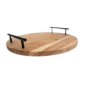 Recién llegado, bandeja redonda para servir con mango de metal, restaurante de madera, bandeja para servir alimentos y bebidas personalizada hecha a mano - Product Image 1