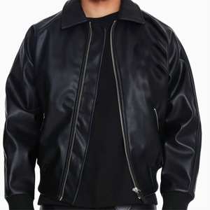 Veste en toile en cuir véritable noir de haute qualité, style bomber original avec col rond et poignets et ourlet en tricot côtelé - Product Image 5