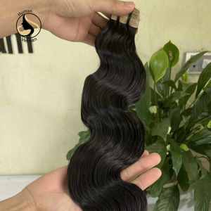 Venta al por mayor de cabello humano virgen, extensiones de cabello humano con doble cinta de doble estiramiento, color negro Natural, cutícula alineada - Product Image 3