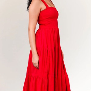 Robe midi en coton rouge pour femme, respirante, élégante, col carré, style modeste, tailles XS-XL, longueur genou, pour la journée - Product Image 3